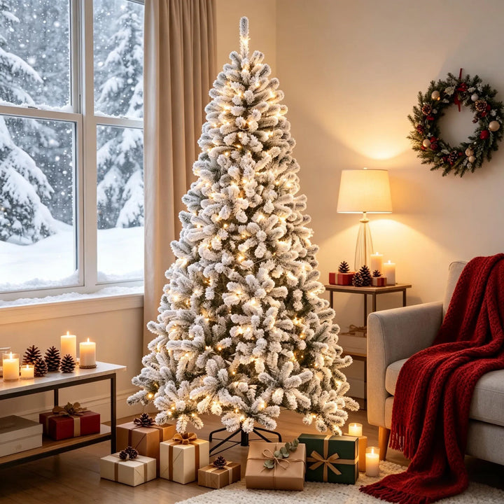 Grote besneeuwde Northern pine met lichtjes