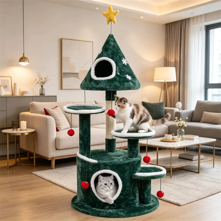 Kattenboom met kerstversiering en speeltjes