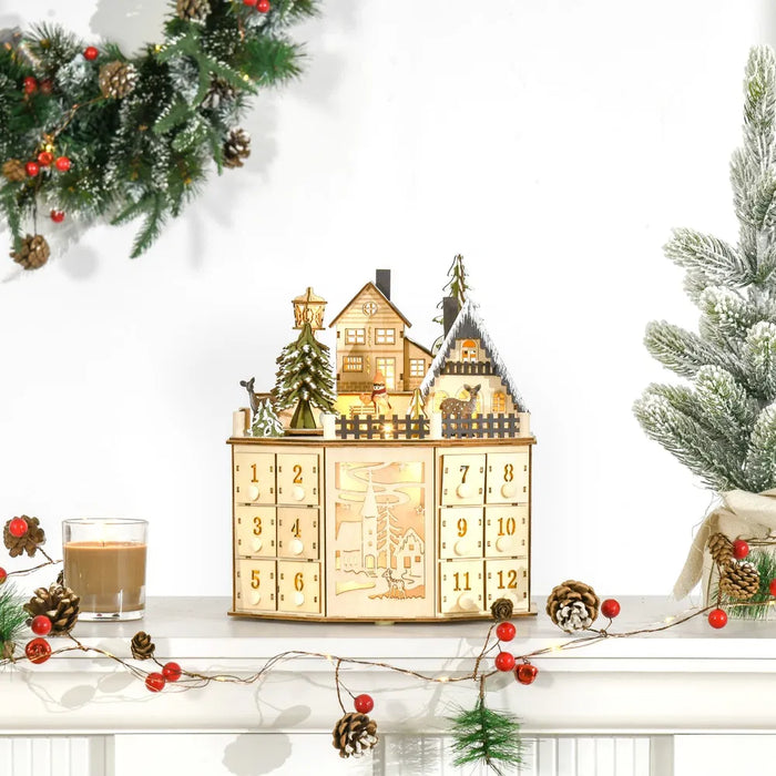 Warmtewereld Houten verlichte adventskalender kerstdorp met 24 laatjes