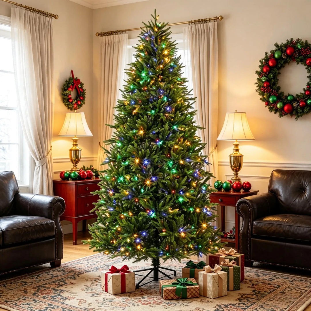 Groene kerstboom met tweekleurige verlichting
