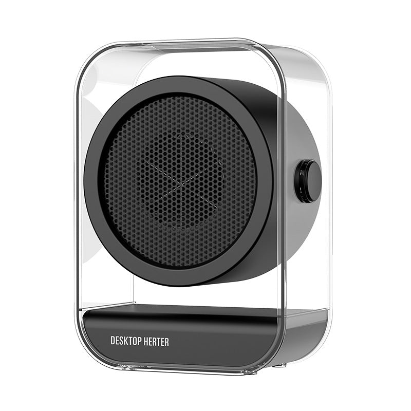 Doorzichtige mini ventilatorkachel op een bureau