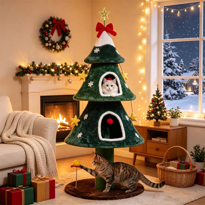 Kerst-kattenboom met sisal en pluche holen