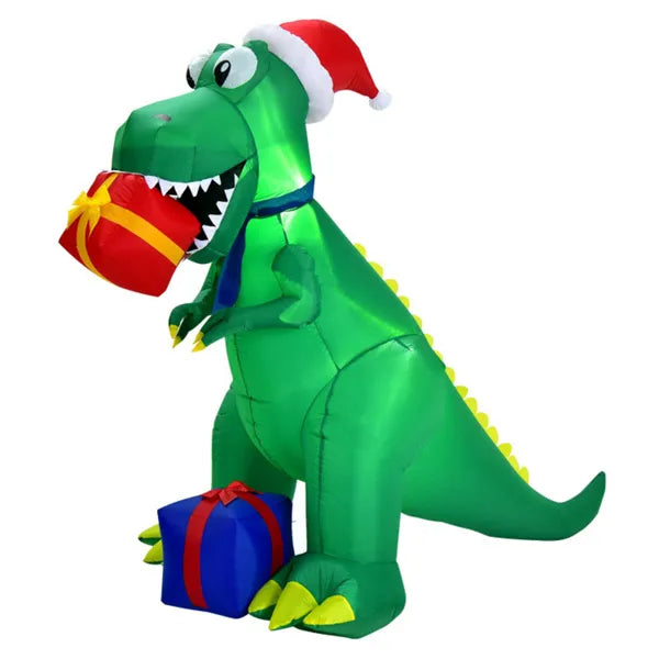 Warmtewereld Opblaasbare T-rex met kerstmuts en cadeaus