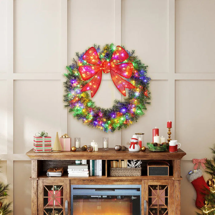Warmtewereld Kerstkrans 91 cm met verlichting en grote rode strik