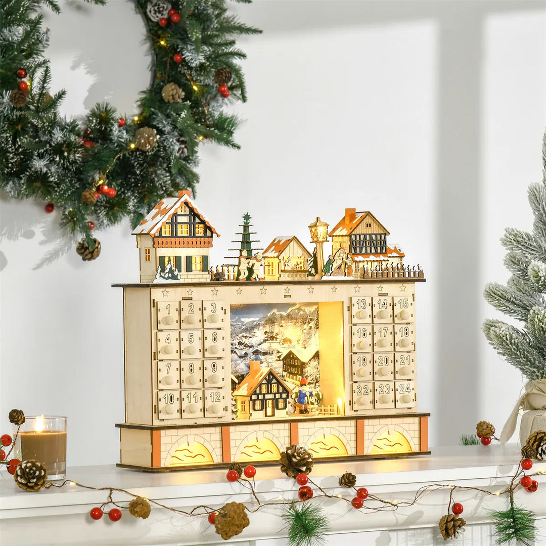 Houten verlichte adventskalender kerstdorp