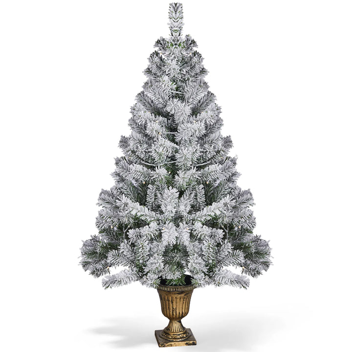 Kleine besneeuwde kerstboom in pot