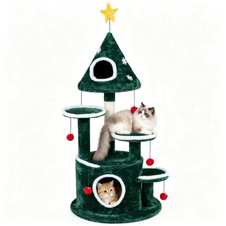 Kattenboom met kerstversiering en speeltjes