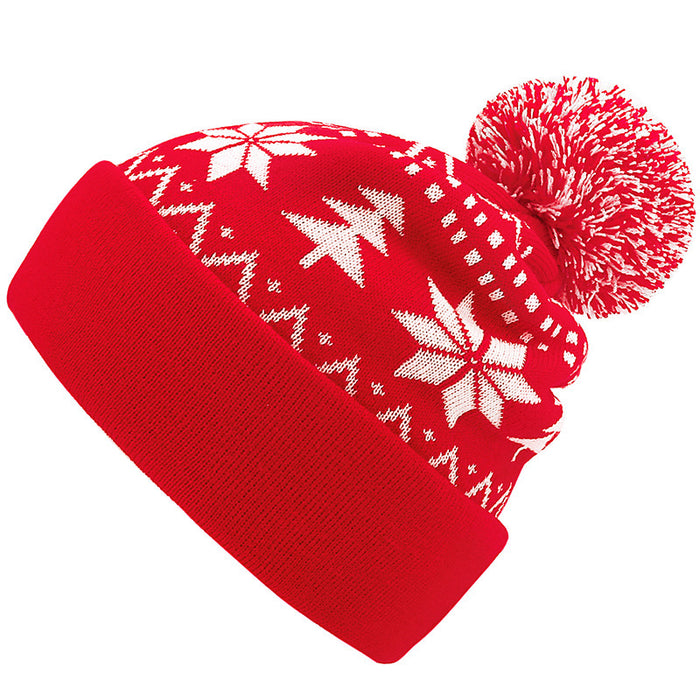 Warmtewereld Gebreide kerstmuts met pompon en sneeuwvlokken