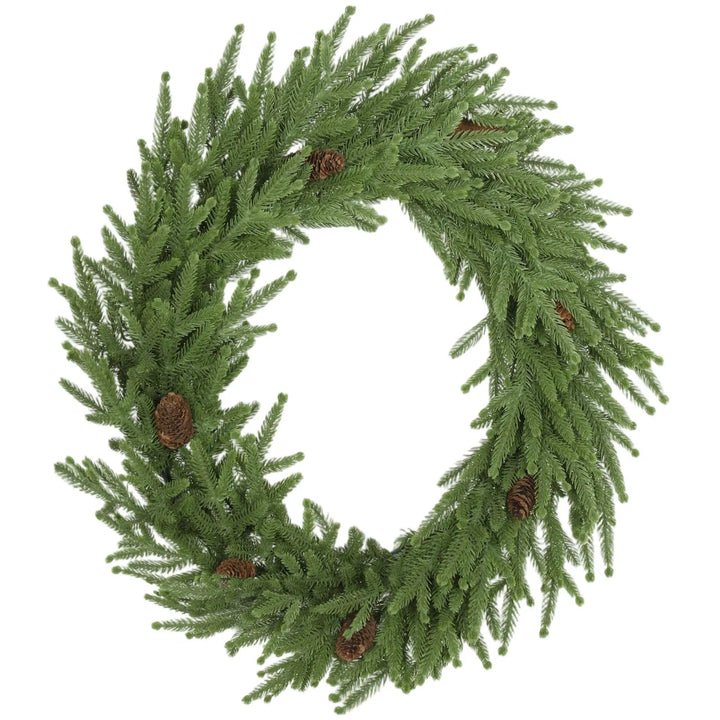 Groene kerstkrans met dennenappels