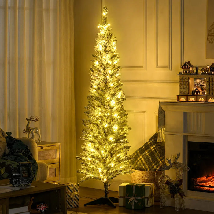Warmtewereld Smalle kerstboom met sneeuw en 170 warmwitte leds