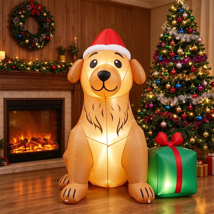 Opblaasbare hond met kerstmuts en cadeau