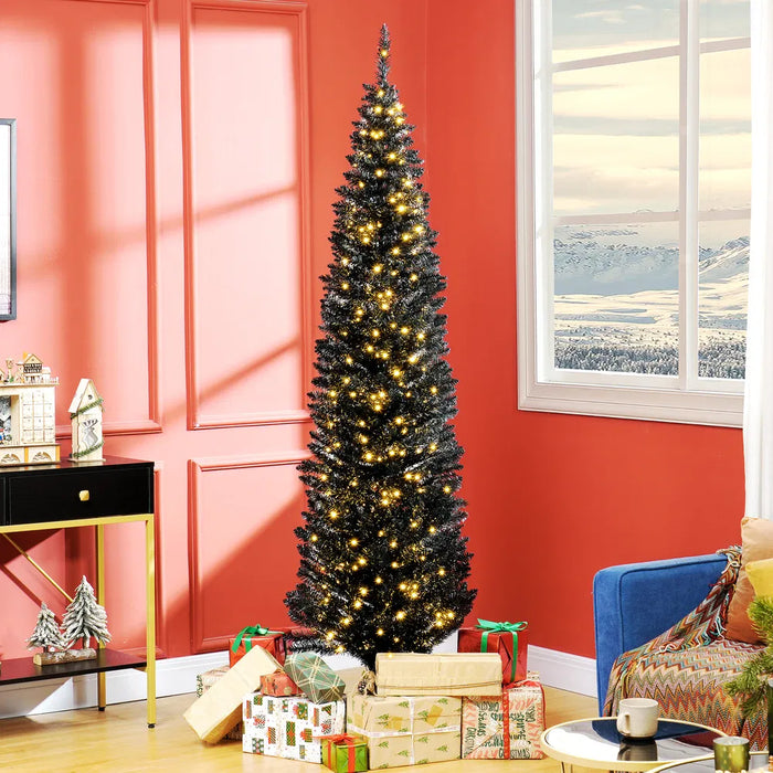 Warmtewereld Zwarte smalle kerstboom 210 cm met 250 warmwitte leds