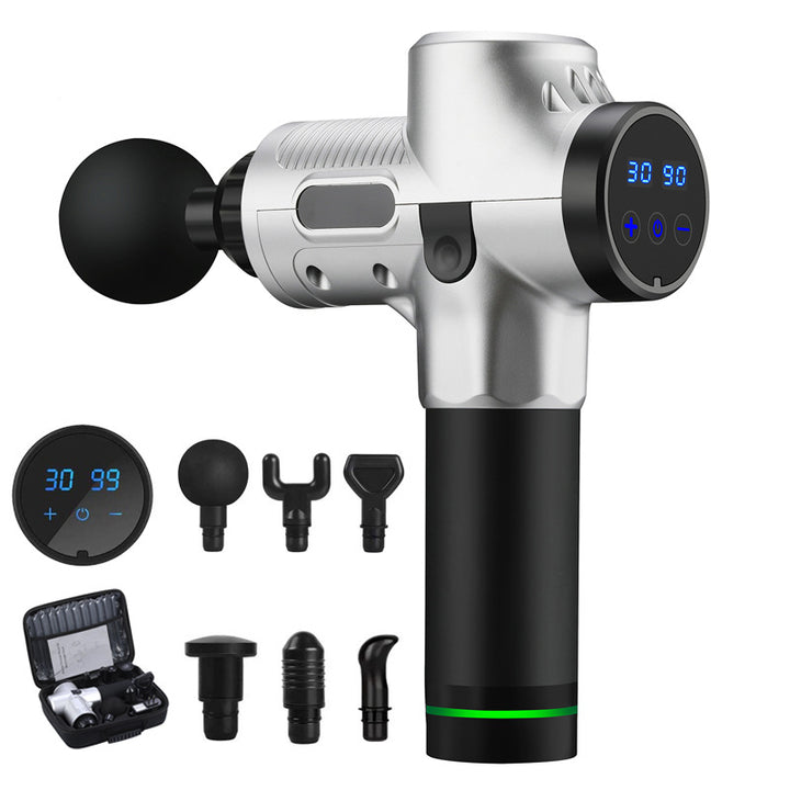 Zwarte massage gun met opzetstukken en koffer
