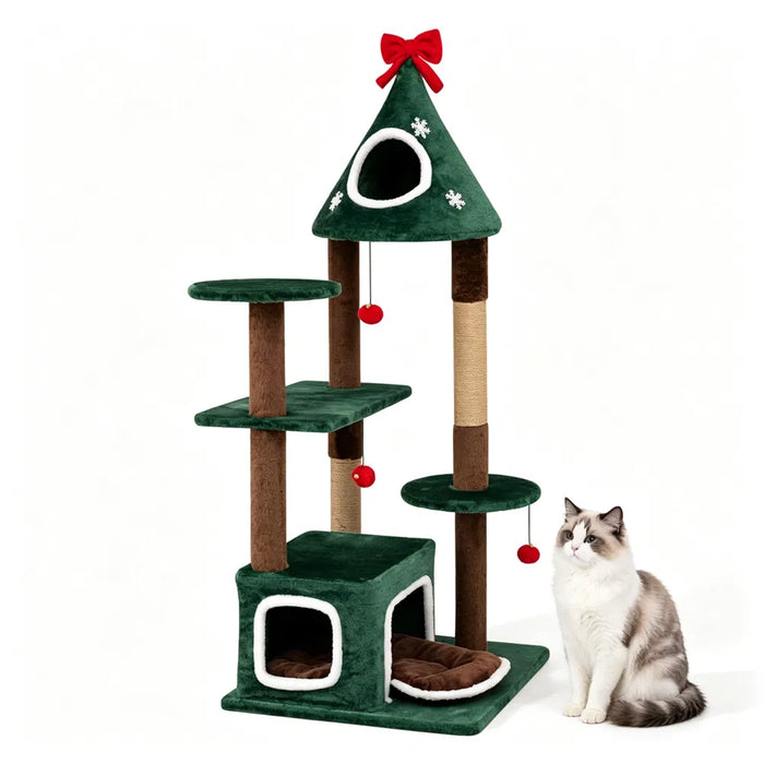 Warmtewereld Groene kerstkattenboom 137 cm met jute en belletjesballen