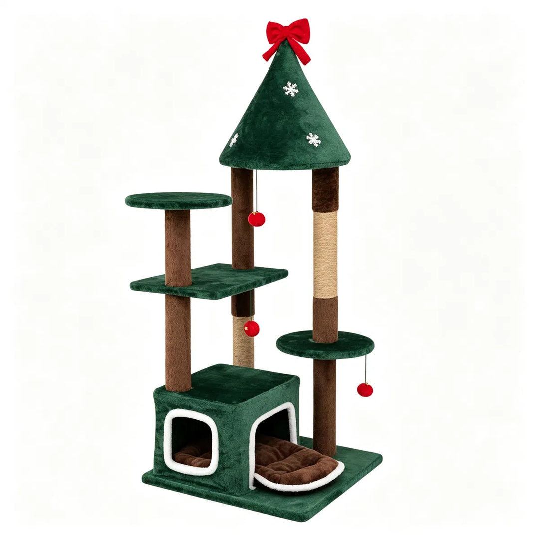 Groene kattenboom in kerststijl met belletjes