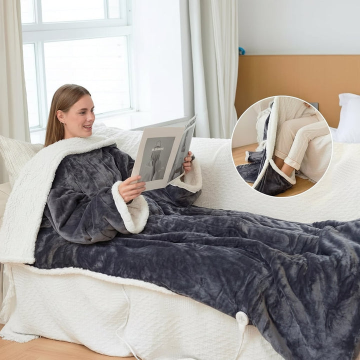 Warmtewereld™ Verwarmde deken met mouwen en voetenzak van sherpa fleece
