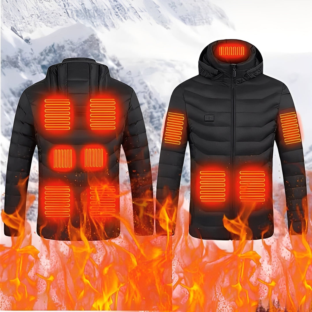 Warmtewereld™ Zwarte verwarmde jas met drie standen en ingebouwde USB