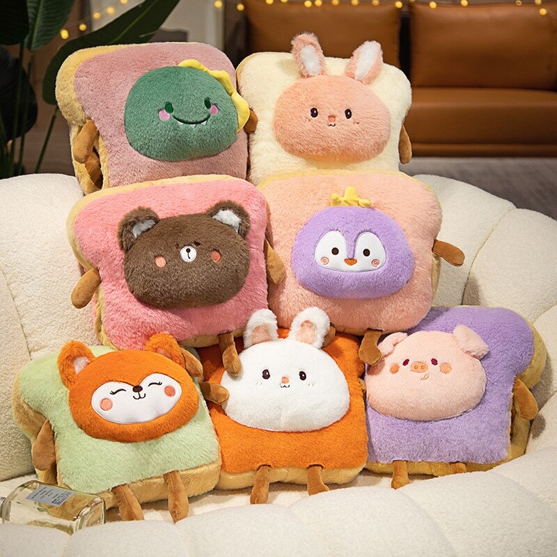 Warmtewereld™ Zachte pluche handwarmer als toast met schattig dier
