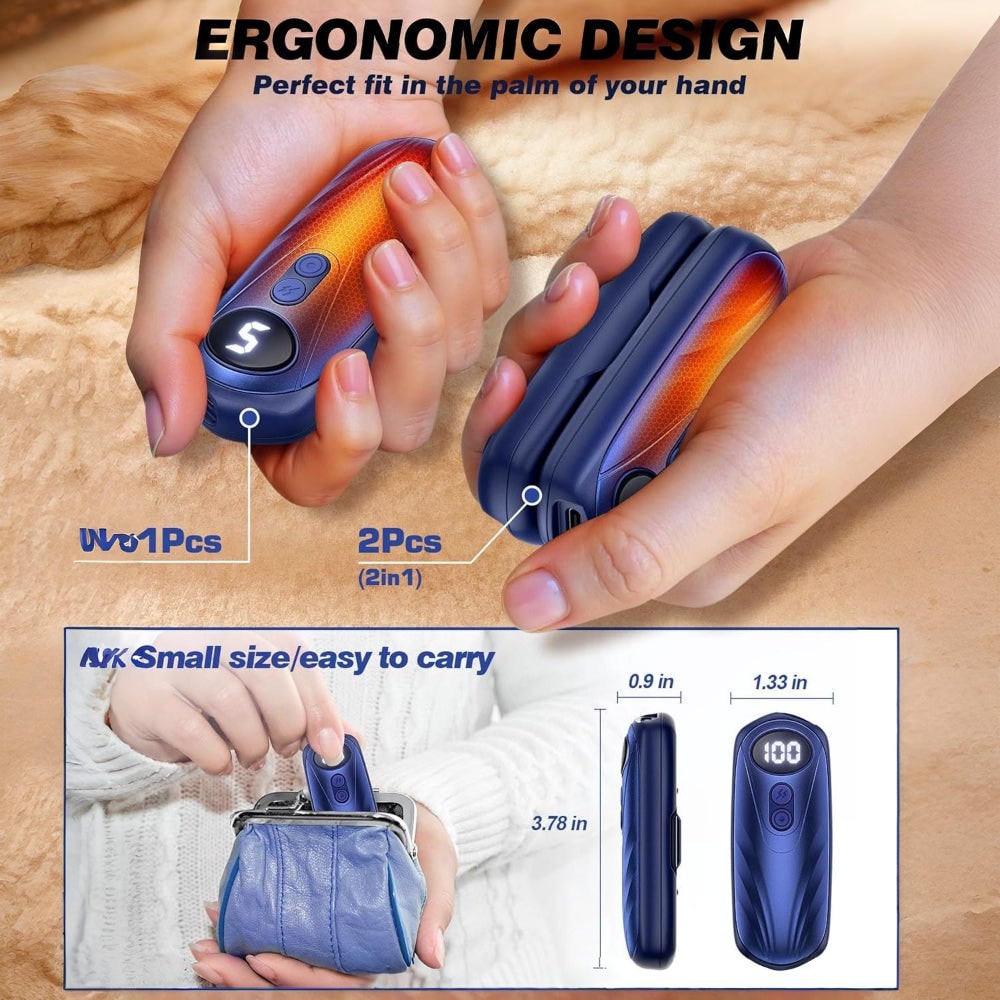 Warmtewereld™ Oplaadbare handwarmers met led en vijf warmtestanden, set van 2